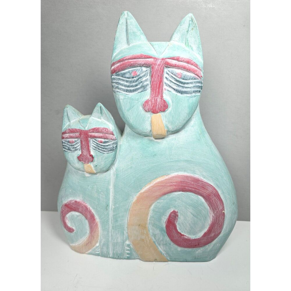 Vintage Folk Art Cat Sculpture Carved Wood Painted Turquoise Color 12.5" Tall